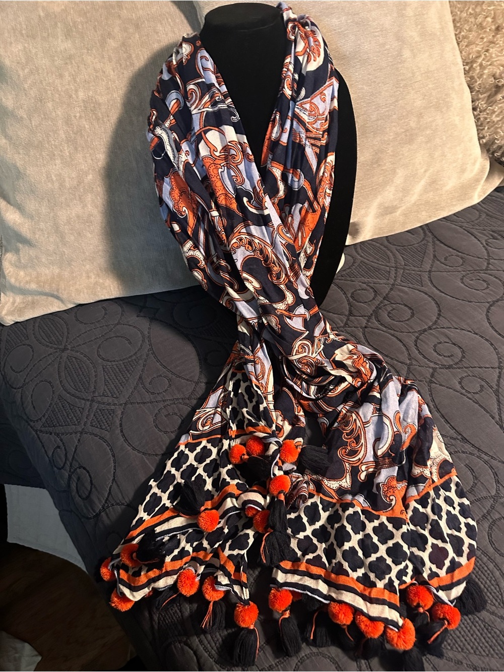 Women's Navy and Orange Patterned Scarf Dress Wrap